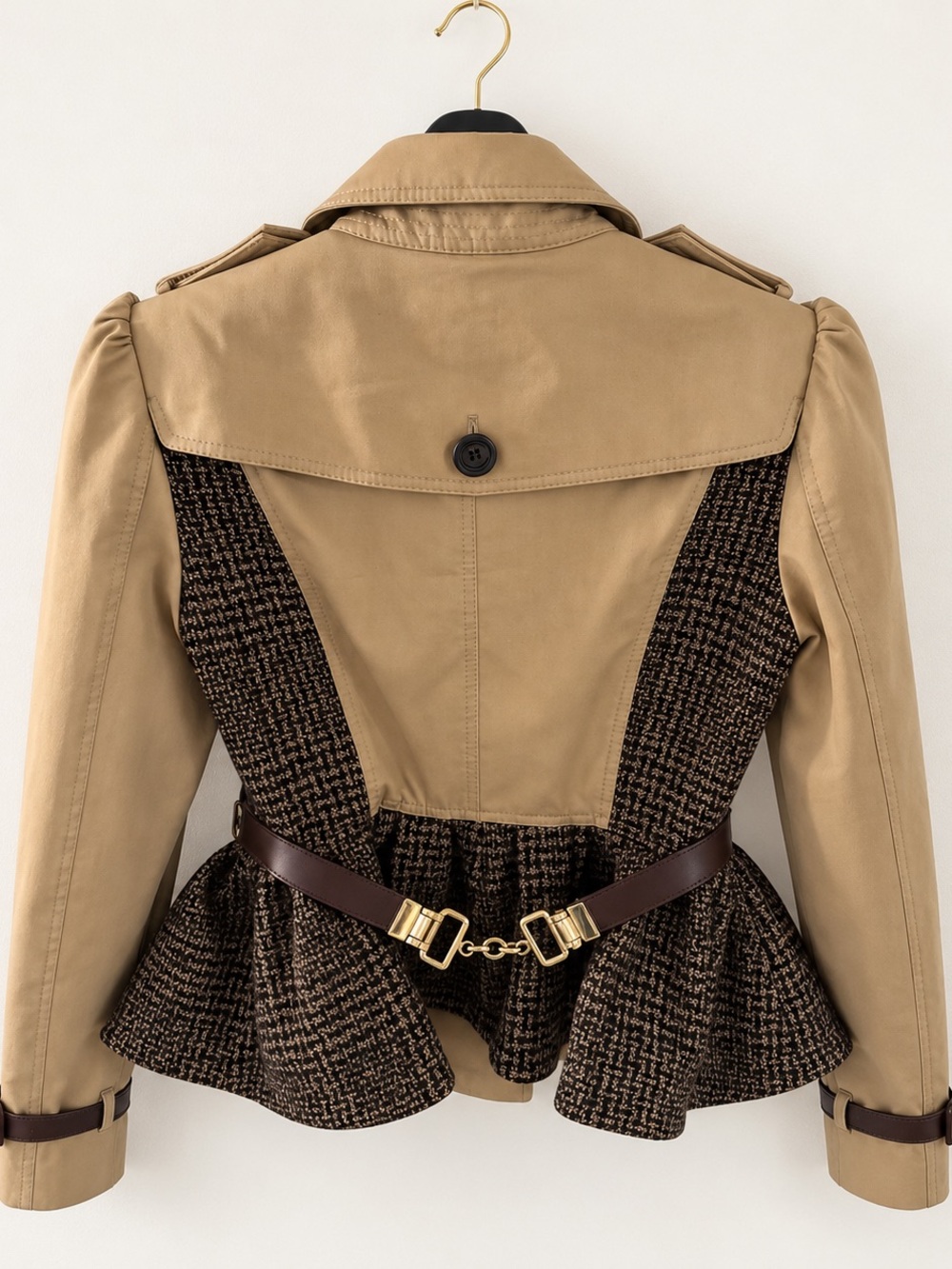 Burberry Prorsum Tan Tweed Peplum Trench Jacket 40